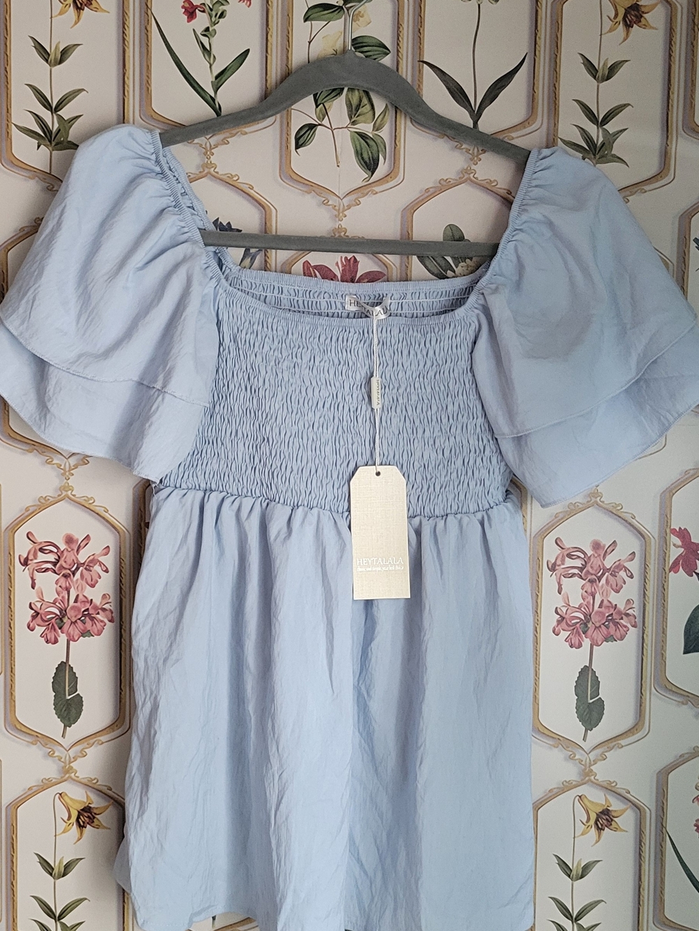 Light Blue Smocked Puff-Sleeve Babydoll Flowy Blouce Heytalala Large